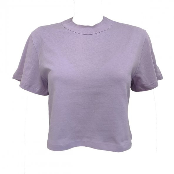 Kadın Düz Renk Yuvarlak Yaka Kısa Kollu Pamuklu Crop T-Shirt