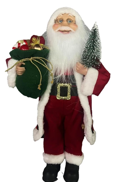 Yılbaşı Süsü Noel Baba Biblo Figür Büyük Boy 45cm -Elinde Çam Ağacı ve Hediye Çuvalı ile - 12