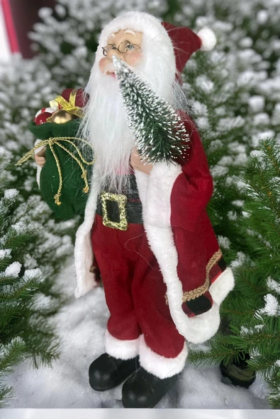 Yılbaşı Süsü Noel Baba Biblo Figür Büyük Boy 45cm -Elinde Çam Ağacı ve Hediye Çuvalı ile - 6