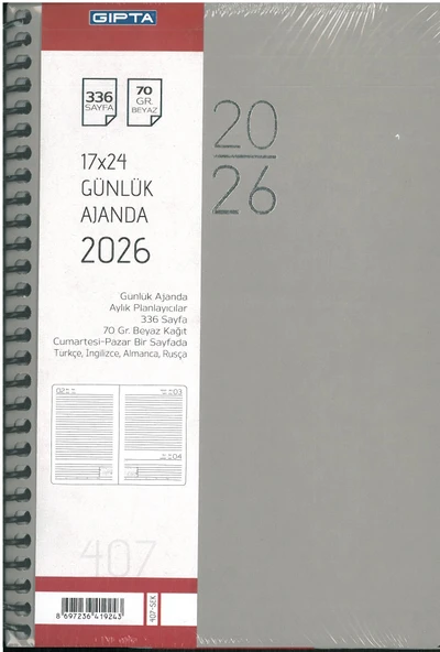 Gıpta 2026 Ajanda Günlük Spiralli 17x24 407 Gri hafta sonları birleşik ürün görseli 1