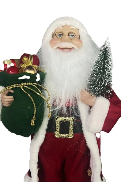 Yılbaşı Süsü Noel Baba Biblo Figür Büyük Boy 45cm -Elinde Çam Ağacı ve Hediye Çuvalı ile - 11