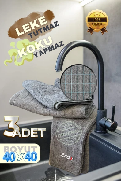 Zrox Mutfak Temizlik Bezi | Araba Kurulama Bezi | Kareli Bez Leke Tutmaz Koku Yapmaz 40x40 cm Gri 3'lü Paket