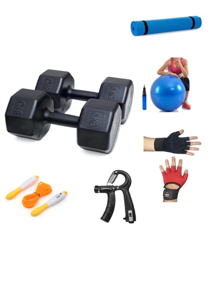 PS SPOR 8 KG DAMBIL X 2 ADET (16 KG)+ 5 ÇEŞİT PLASTES VE EGZERSİZ SETİ - 1