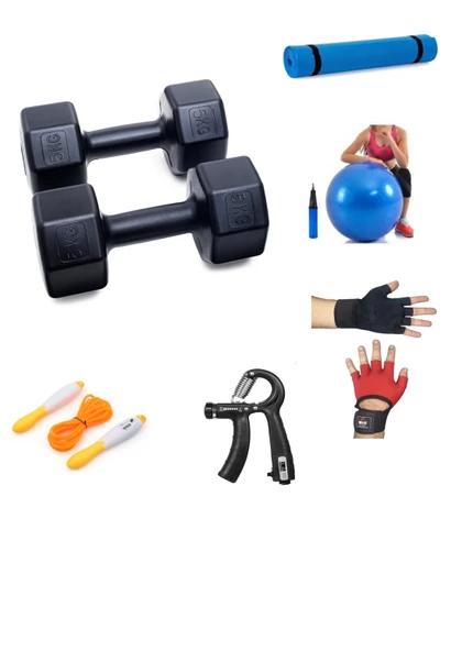 PS SPOR 5 KG DAMBIL X 2 ADET (10 KG) + 5 ÇEŞİT PLASTES VE EGZERSİZ SETİ