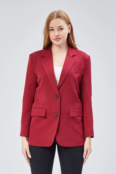 Bordo Kadın Düğmeli Oversize Blazer Ceket