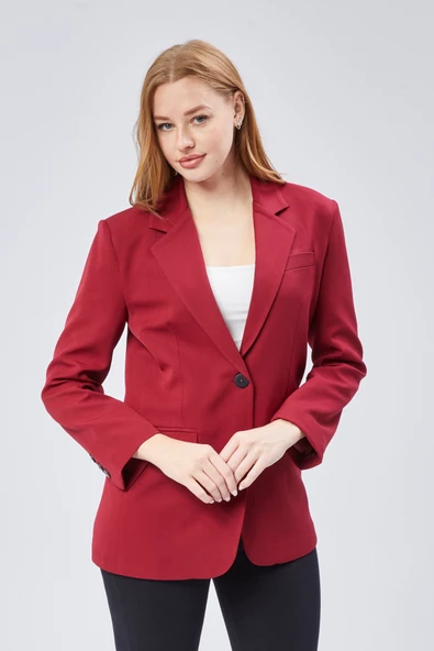 Bordo Kadın Düğmeli Oversize Blazer Ceket - 5