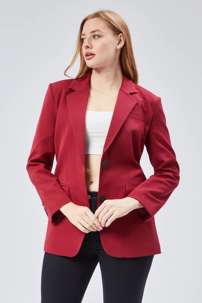 Bordo Kadın Düğmeli Oversize Blazer Ceket - 7