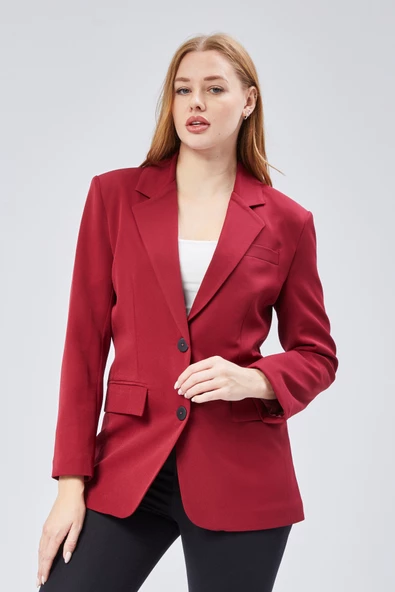 Bordo Kadın Düğmeli Oversize Blazer Ceket - 2