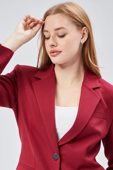 Bordo Kadın Düğmeli Oversize Blazer Ceket - 3
