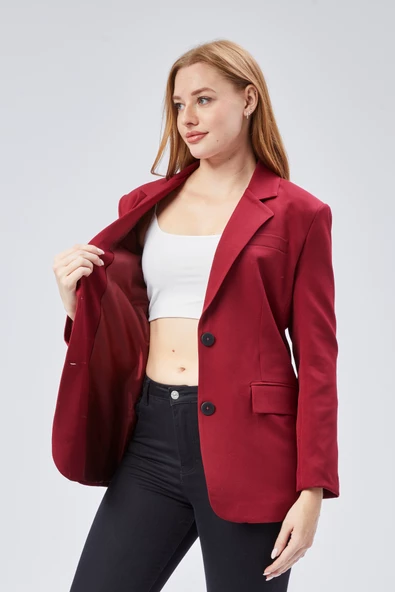 Bordo Kadın Düğmeli Oversize Blazer Ceket - 8