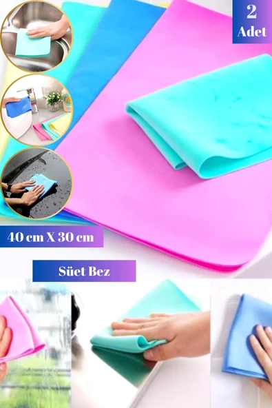 2 Adet 40 CM | Süper Emici | Tüm Yüzeylere Uygun | Islak Süet Sihirli Temizlik Bezi