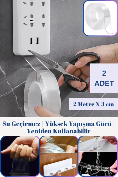 2 Adet Yeni Nesil Güçlü Şeffaf Esnek Kesilebilir Çok Amaçlı Kullanım Sunar Çift Taraflı Nano Bant 2 Metre