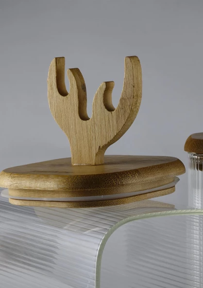 Bambu Stantlı Dekoratif Borosilikat Cam Kavanoz Seti - Saksı Hediyeli Kavanoz Takımı - 7 Parça - 6