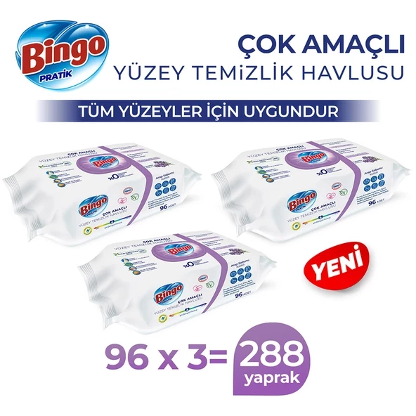 Bingo Pratik Yüzey Temizlik Havlusu Arap Sabunu Katkılı Lavanta 96x3 (288 Yaprak)