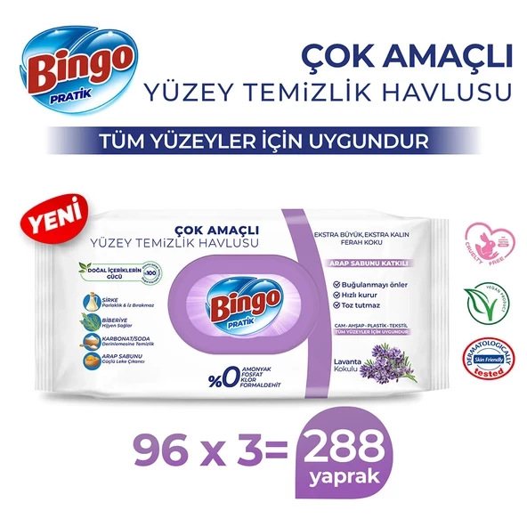 Bingo Pratik Yüzey Temizlik Havlusu Arap Sabunu Katkılı Lavanta 96x3 (288 Yaprak) - Resim 2