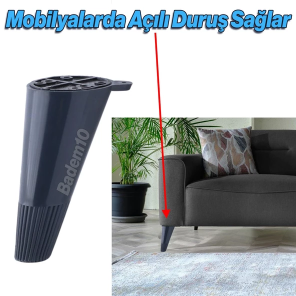 Mobilya Yükseltici Baza Ayağı Koltuk Kanepe Altı Puf Ayakları Açılı Konik 12 cm Antrasit Ayak - 3