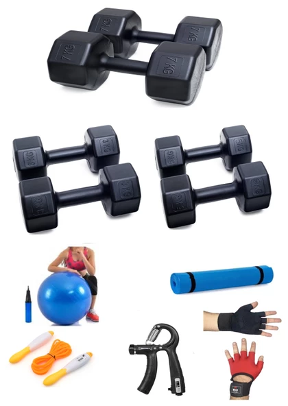 PS SPOR 3 ÇİFT DAMBIL SET 3 KG + 5 KG + 7 KG + 5 ÇEŞİT EGZERSİZ SETİ