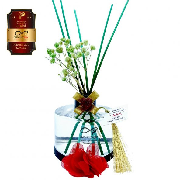 Ölümsüz Aşk Çiçek Serisi Kırmızı Gül Kokulu 3 x 200 ml Silindir Şişe Bambu Çubuklu Ortam Kokusu