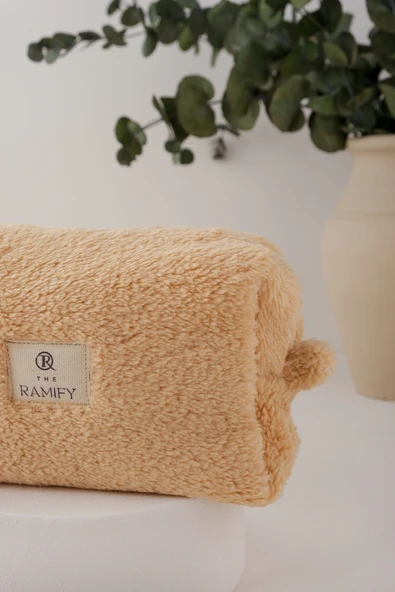 Altın Peluş Kürklü Büyük Boy İçi Kapitoneli Makyaj Çantası - 2