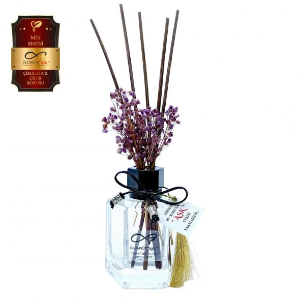Ölümsüz Aşk Mix Serisi Çikolata & Çilek Kokulu 120 ml Köşeli Şişe Bambu Çubuklu Ortam Kokusu