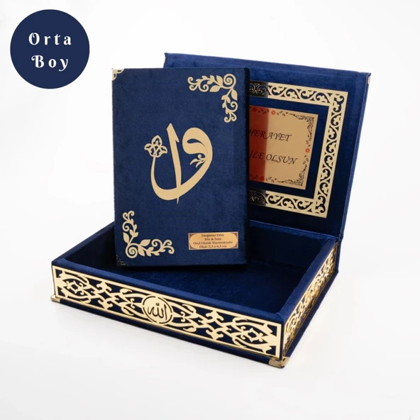 Raşel Kutulu Hediyelik Kuran-ı Kerim (Orta Boy, Lacivert, Elif-Vav Gold Pleksi)