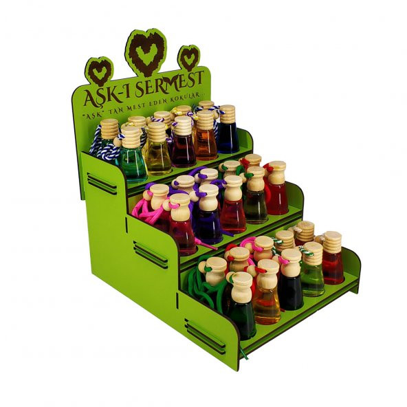 Aşk-ı Sermest Yeşil Ahşap Standlı 30 Adet 8 ML Mandalina Kokulu Araç Parfümü - Resim 3