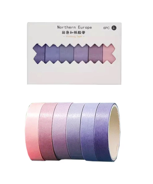 Vintage Washi Tape Bant Yapışkanlı Maskeleme Kağıdı Renkli Bant 6 lı - Mor Tonları