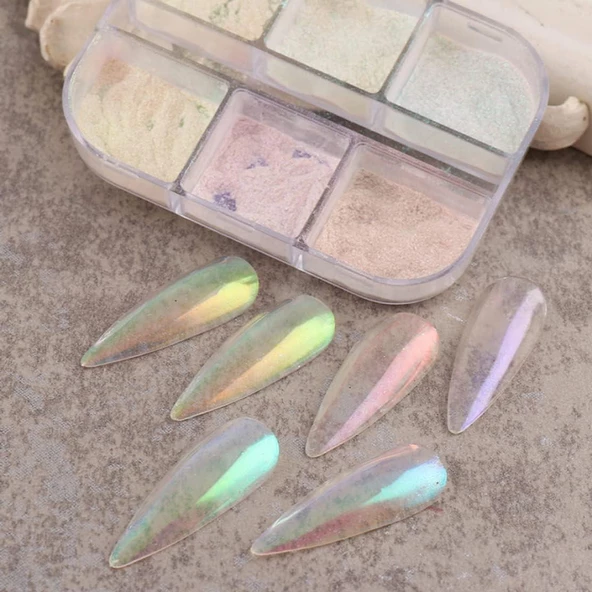 Nail Art Tırnak Süsleme İnci Tozu 6lı Set Ayna Tozu - Resim 3