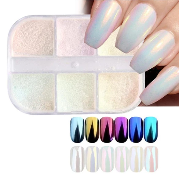 Nail Art Tırnak Süsleme İnci Tozu 6lı Set Ayna Tozu - Resim 2