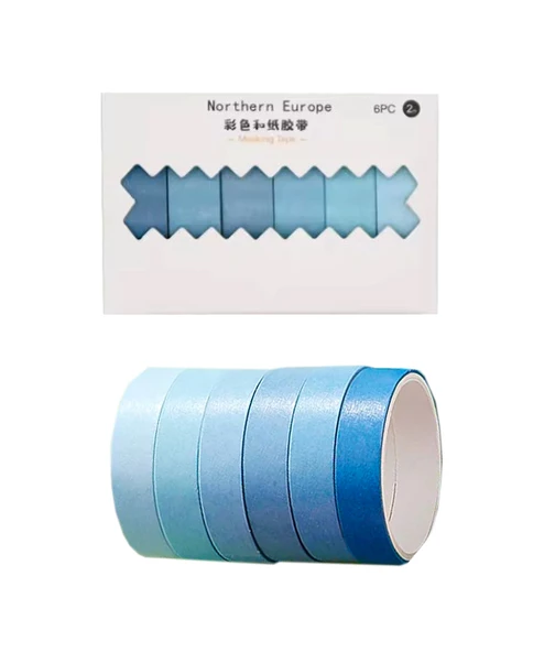 Vintage Washi Tape Bant Yapışkanlı Maskeleme Kağıdı Renkli Bant 6 lı - Mavi Tonları