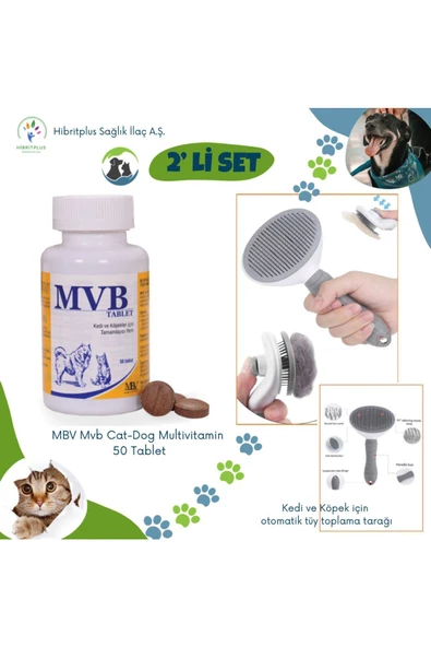 Mvb Kedi Köpek multivitamin 50 tablet + Kedi ve Köpek otomatik tüy toplama tarağı 2 li set