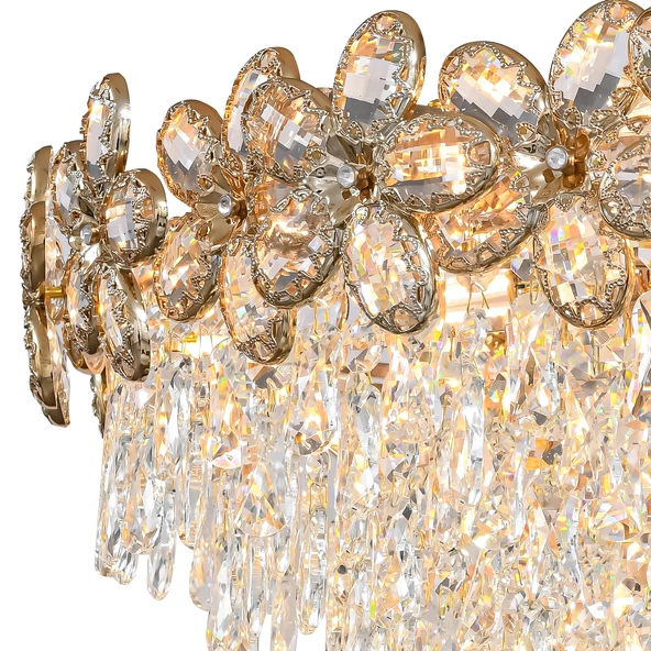 Apliqa Saral 60'lık Yuvarlak Gold Kristal Taşlı Modern Tasarım Salon Avize - Resim 3