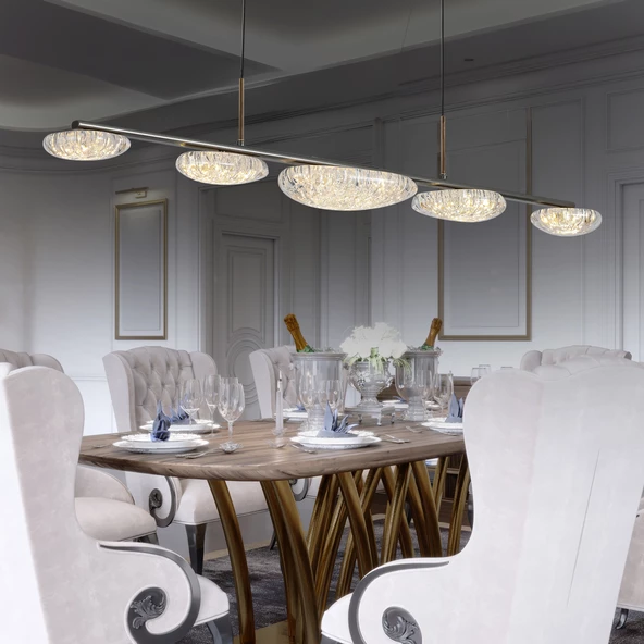 Apliqa Firuze 30 Watt Sıralı Eskitme Kristal Taşlı Yemek Masası Üstü, Modern Tasarım Salon Led Avize ürün görseli