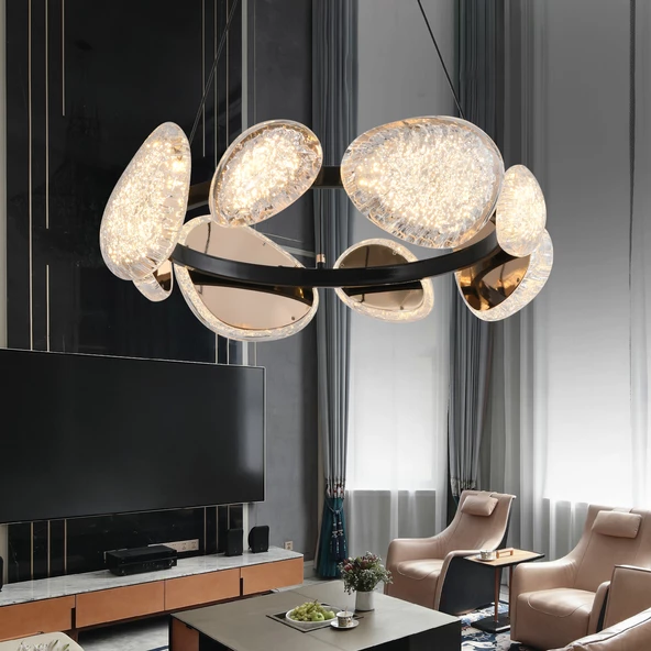 Apliqa Firuze 8'li 60 Watt Eskitme Kristal Taşlı Modern Tasarım Salon Led Avize ürün görseli