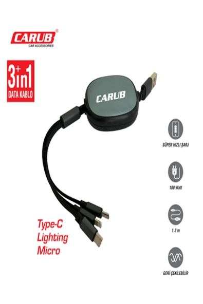 Şarj Kablosu Makaralı Geri Çekilebilir Usb 1.2m 3in1 Lightning+Micro+Type-C Şarj ve Data Kablosu