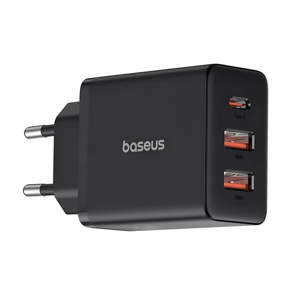 Baseus Şarj Akım Korumalı 2xUSB USB-C Gan 30W Şarj Başlığı İphone 12 13 14 15 16 Pro Max Şarj Aleti