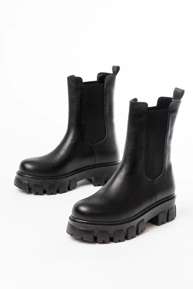 Siyah Yüksek Tabanlı Lastikli Günlük Kadın Bot - Resim 5