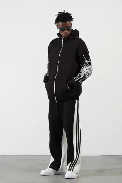 Üç İplik Baskılı Fermuarlı Kapüşonlu Hırka - Siyah - Resim 5