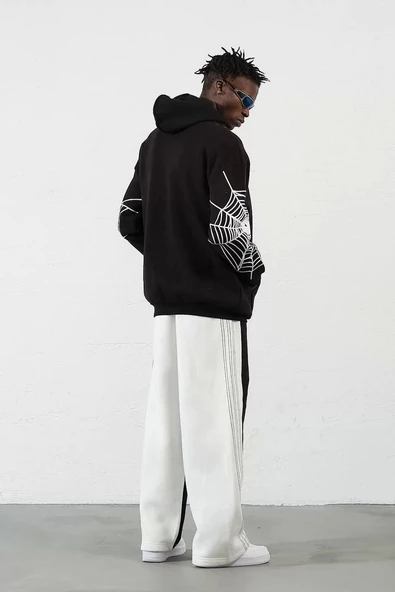 Üç İplik Baskılı Fermuarlı Kapüşonlu Hırka - Siyah - Resim 6