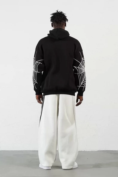 Üç İplik Baskılı Fermuarlı Kapüşonlu Hırka - Siyah - Resim 8