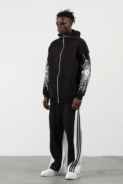 Üç İplik Baskılı Fermuarlı Kapüşonlu Hırka - Siyah - Resim 3