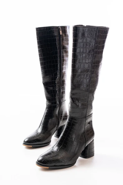 Siyah Kroko Topuklu Fermuarlı Günlük Kadın Çizme - Resim 4