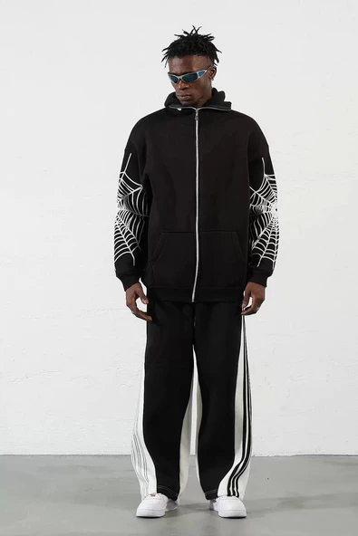 Üç İplik Baskılı Fermuarlı Kapüşonlu Hırka - Siyah - Resim 2