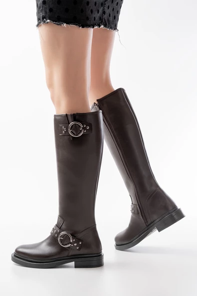 Kahverengi Toka Aksesuarlı Lastikli Fermuarlı Günlük Kadın Çizme ürün görseli 1