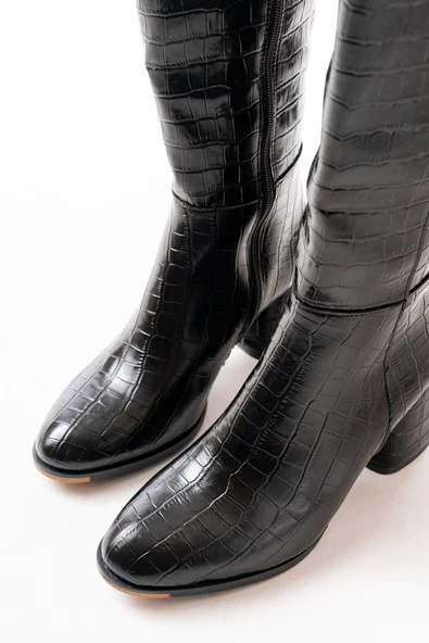 Siyah Kroko Topuklu Fermuarlı Günlük Kadın Çizme - Resim 5