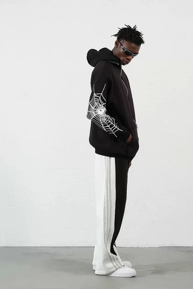 Üç İplik Baskılı Fermuarlı Kapüşonlu Hırka - Siyah - Resim 7