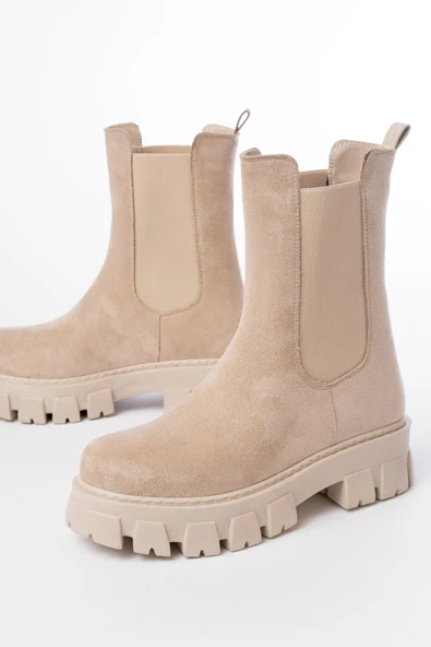 Bej Süet Yüksek Tabanlı Lastikli Günlük Kadın Bot - Resim 5