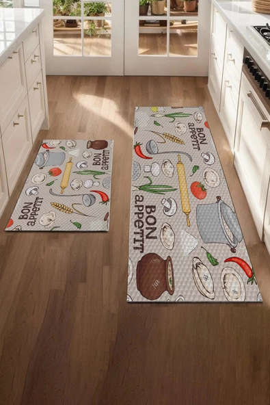Valerine Life Bon Appetit Afiyet Olsun Mutfak Matı Halısı Yıkanır Kaymaz Taban Tezgah Önü Paspası İkili Set - 2