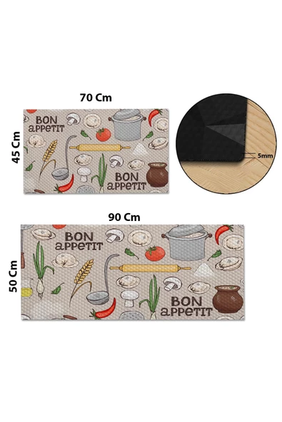 Valerine Life Bon Appetit Afiyet Olsun Mutfak Matı Halısı Yıkanır Kaymaz Taban Tezgah Önü Paspası İkili Set - 3