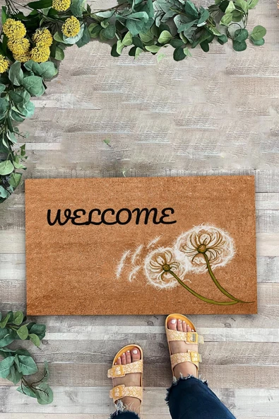 Valerine Life Karahindiba Dilek Otu Temalı Kahverengi Welcome Hoş Geldiniz Kapı Önü Paspası 45x70cm - Resim 2